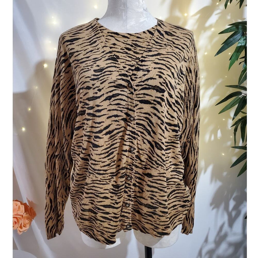 Elizabeth Liz Claiborne 100% Silk Tiger Animal Print Sweater Set Womens Size L